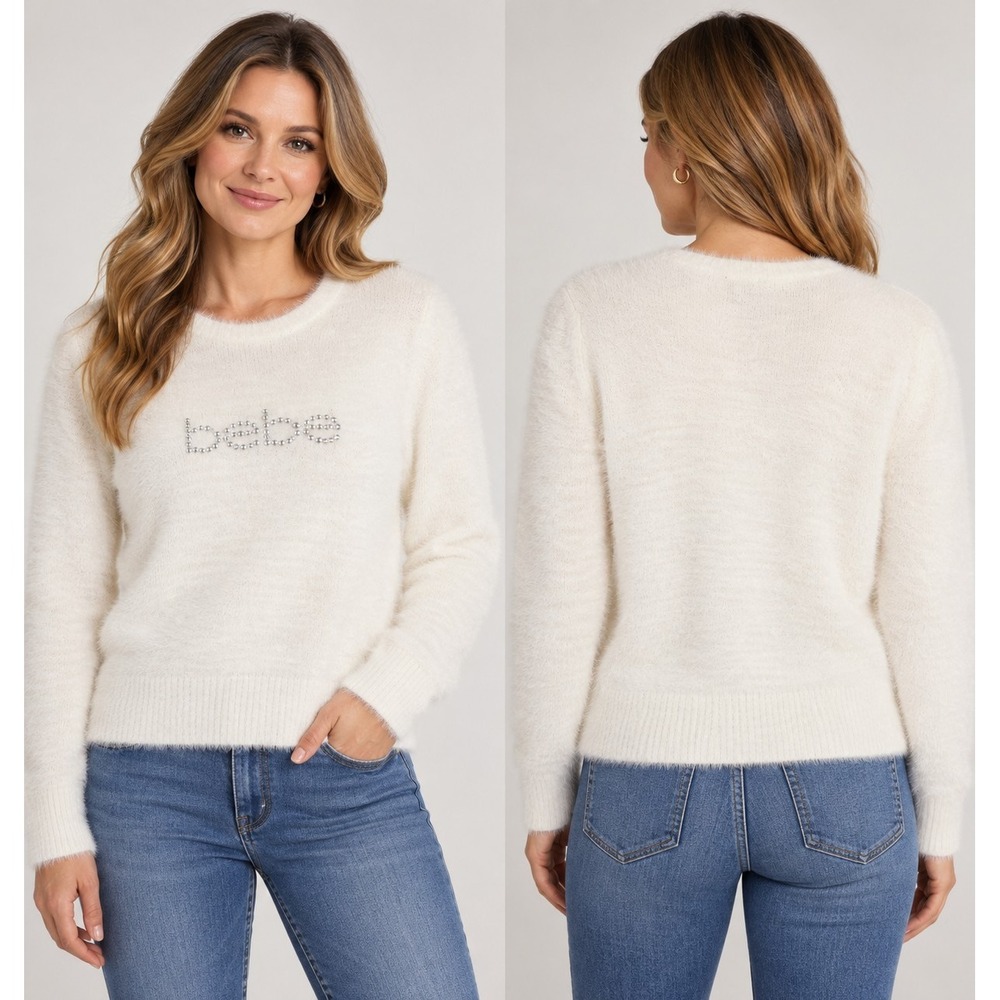 Bebe Y2K Ivory Fuzzy Rhinestone Logo Sweater M McBling Boho Party Feminine